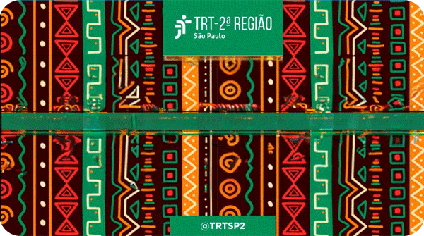 Descrição: Gif animado, no qual vemos, ao centro, a ilustração de uma mulher negra de perfil. Também há o texto "Quilombos - rasTRTeando nossas origens". Em seguida, lemos: "Pacto Nacional do Judiciário pela Equidade Racial". Como pano de fundo, uma estampa bastante colorida que remete à Africa.