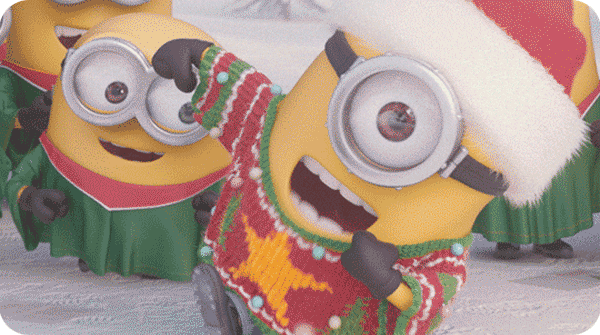 Descrição: Gif animado no qual os personagens dos Minions vestem roupas nas cores vermelha, verde e branco. Eles dançam com bastante entuasiasmo.