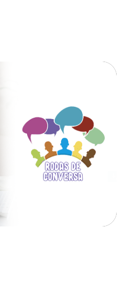 Descrição: Gif animado no qual vemos a logo do projeto "Rodas de Conversa". Aparecem as ilustrações de várias pessoas com cores diferentes e balões de diálogo em cima da cabeça deles. O fundo é branco.